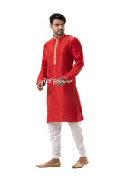 Red Color Silk Punjabi With Contrast Color Border Neck Design Punjabi (NS83)